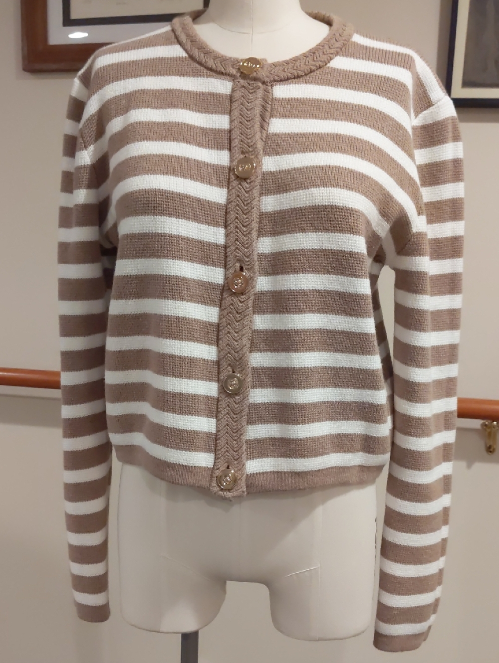 J. Crew Factory Cream and Tan Striped Button-Front Cardigan